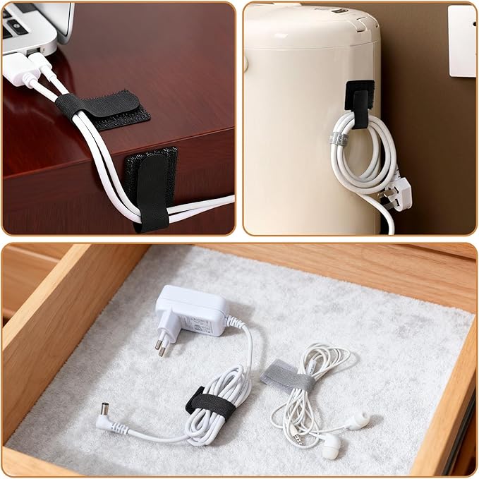 Cord Organizer, 40 PCS Adjustable Cable Management Under Desk, Reusable Hook and Loop Cable Ties, Self Adhesive Wire Organizers for Home Office (Black, Gray)