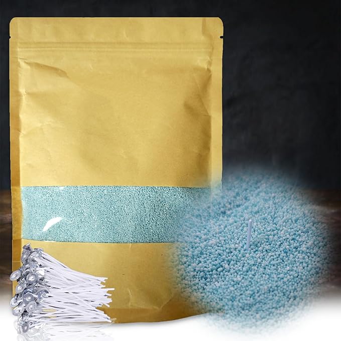 DRMAISON Pearled Candle Wax Sand DIY Kit - 35.3 oz, Powder Blue, Non-Toxic&Smoke-Free, Refillable with 60 Wicks, Long-Lasting Flame, Highly Customizable for Wedding, Party&Holiday Decor