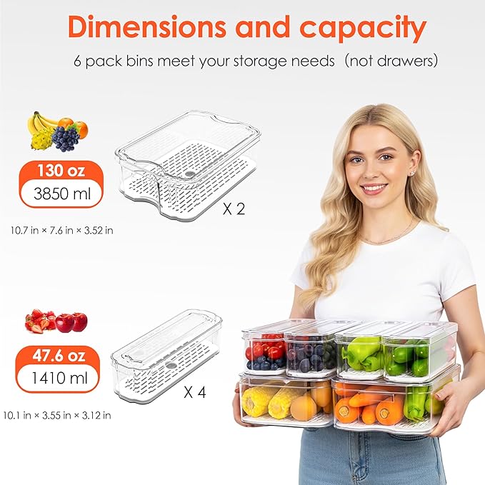 SMRCAD Fridge Organizers and Storage, 6 Pack Clear Freezer Organizer Bins with Lids for Kitchen, Pantry, Refrigerator, Food, Fruit, Vegetable Storage