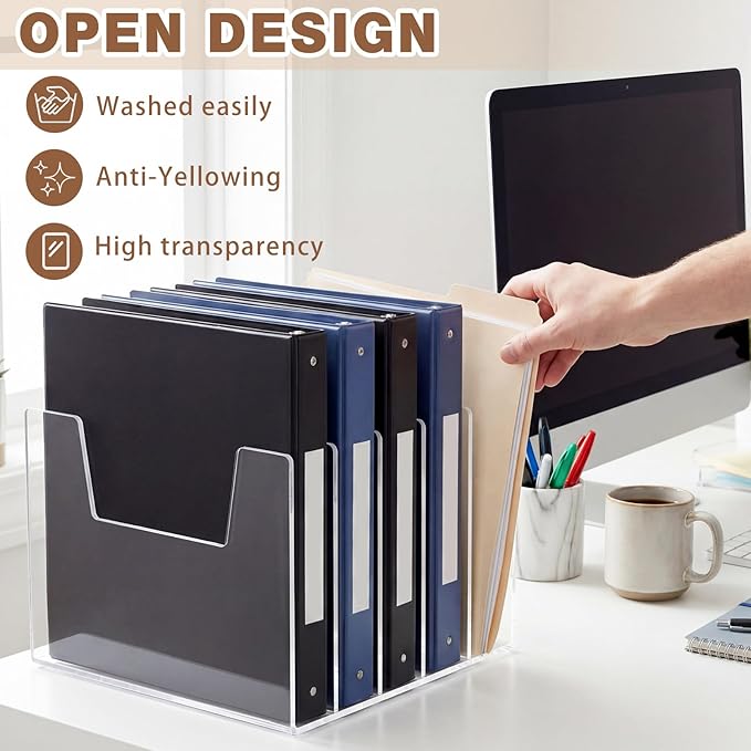 Wenqik Clear Acrylic Desktop File Organizer Vertical File Sorter 4mm Thick, Large Capacity Upright Magazine Organizer, Book Paper, Notebooks, Envelopes, Mail Holder(5 Section)