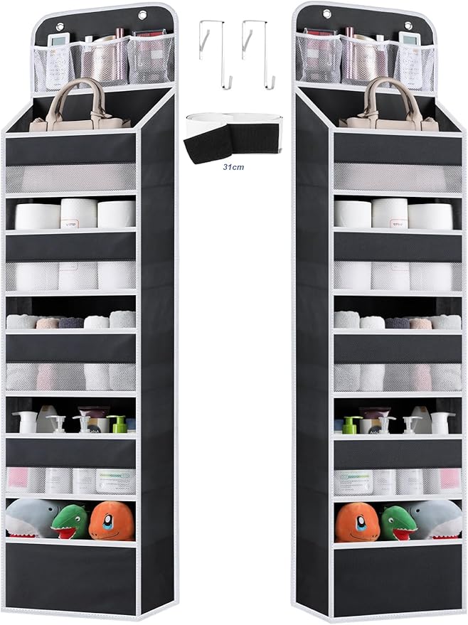 Over the Door Organizer Storage - 5 Tier Hanging Storage shelves Door Organizer with Pockets, Anti Tilt 44 lb Load Behind Door Organizer for Bedroom,Nursery,Bathroom,Kitchen,Dorm,Shoe - 1 Pack, Black