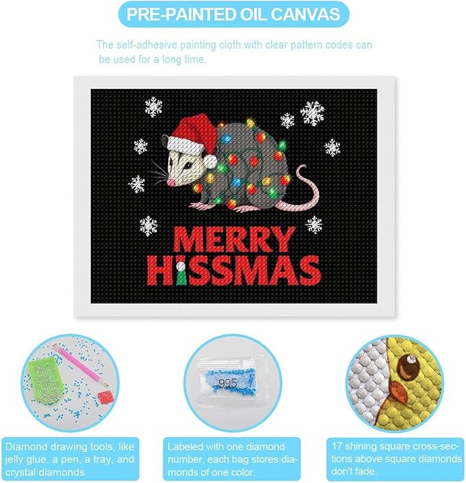 AIVKIEJK Diamond Painting Kits for Adults - Christmas Possum Merry Hissmas Painting DIY 5D Full Drill Diamond Dots Paintings with Diamonds Gem Art and Crafts Home Decor 12"x16"