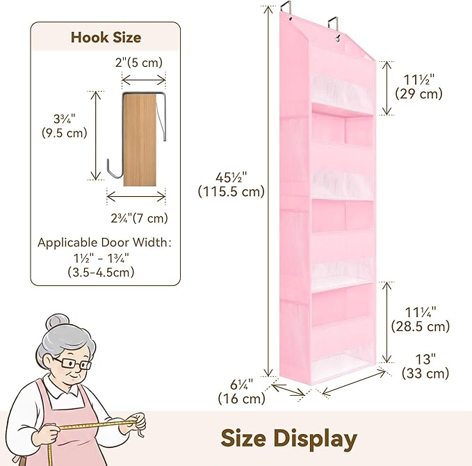 GRANNY SAYS Over the Door Organizer, 4-Shelf Behind the Door Storage with 6 Pockets, Waterproof 300D Oxford Fabric Hanging Organizer, Anti Tilt 35lb Load Shelf for Nursery, Kids Room, Bedroom, Pink