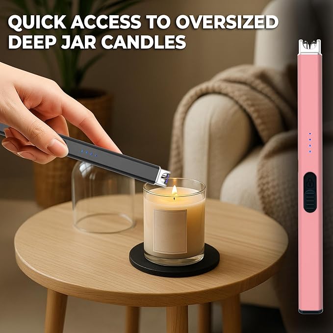 FIGHTSENSE USB Rechargeable Candle Lighter,Plasma Arc Windproof Flameless Long Electric Lighter with Safety Switch,LED Battery Display,Used for BBQ Fireplace,Camping,Stove Kitchen (Black & Pink)
