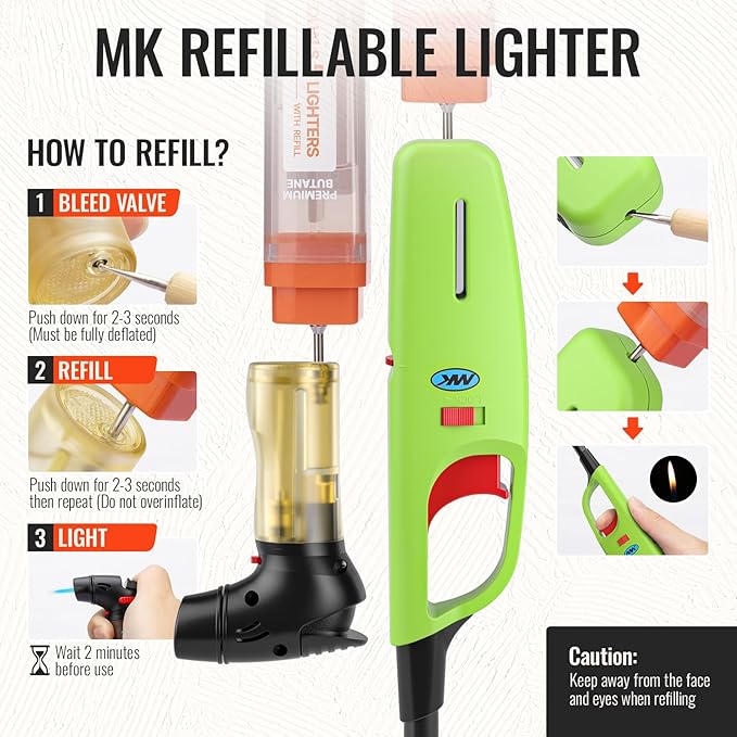 MK Lighter 5-Pack Multi-Purpose Butane Lighters – 3 Large Long Lighters Soft Flame Utility + 2 Mini Torch, Assorted Colors for Candles, Camping & Outdoor Use (Random Color Combo 5PC)