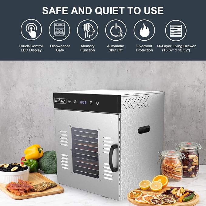 NutriChef Commercial Electric Food Dehydrator Machine - 14 Shelf Extra Large Capacity - Stainless Steel Trays - 1000-Watts, Digital Timer & Temperature Control - 18.58 x 17.52 x 22.52 IN