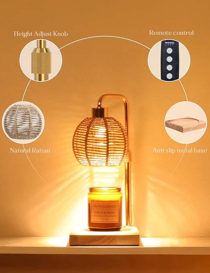Candle Warmer Lamp with Timer Dimmable, Natural Weaving Boho Electric Candle Lamp, Wax Warmer Lamp for Mothers Day Gifts for Mom, House Warming Gifts New Home Decor