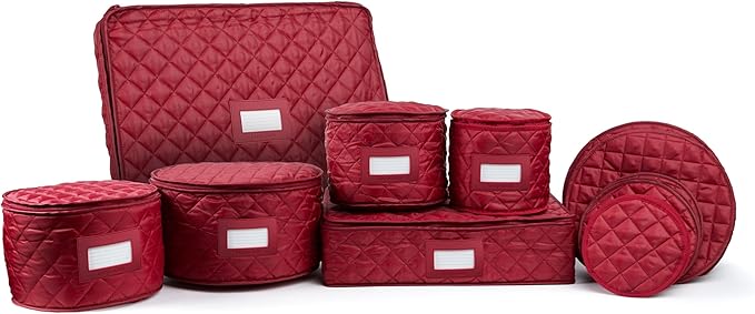 Covermates Keepsakes Dish Storage Set – Padded China & Dinnerware Storage Cases with Dividers, Cup & Stemware Storage, Quilted Polyester Protection, ID Window, Red