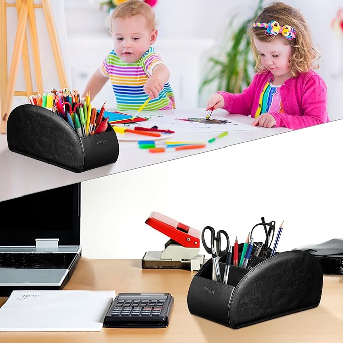 SITHON Remote Control Holder with 5 Compartments – [Upgrade Version] PU Leather Remote Caddy Desktop Organizer Store TV, DVD, Blu-Ray, Media Player, Smart Phones, Heater Controllers (Black)