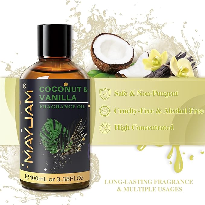 MAYJAM Coconut & Vanilla Fragrance Oils Essential Oil - Coconut & Vanilla Oil for Diffusers, 3.38FL.OZ/100ML Large Volume Fragrance Oil with Premium Glass Dropper