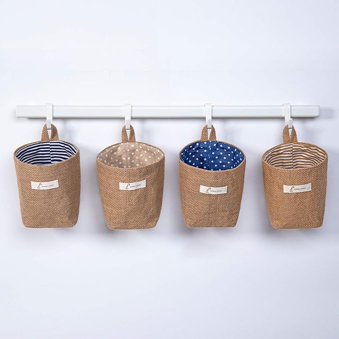 4 Pack Wall Hanging Storage Bags Hanging Storage Bags Cotton Linen Storage Basket Foldable Wall Hanging Basket Family Organizer Box Decorative Bag (Color as Shown)3.93 * 3.93 * 5.31