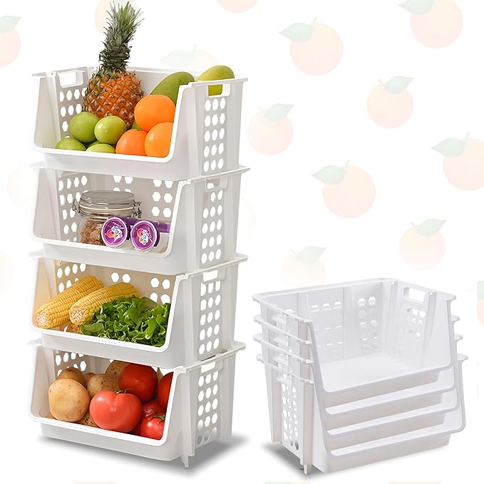Skywin TidyFriend Medium Stackable Storage Bins for Pantry - 4 Pack, Stackable Bins For Organizing Food, Kitchen, and Bathroom Essentials (White)