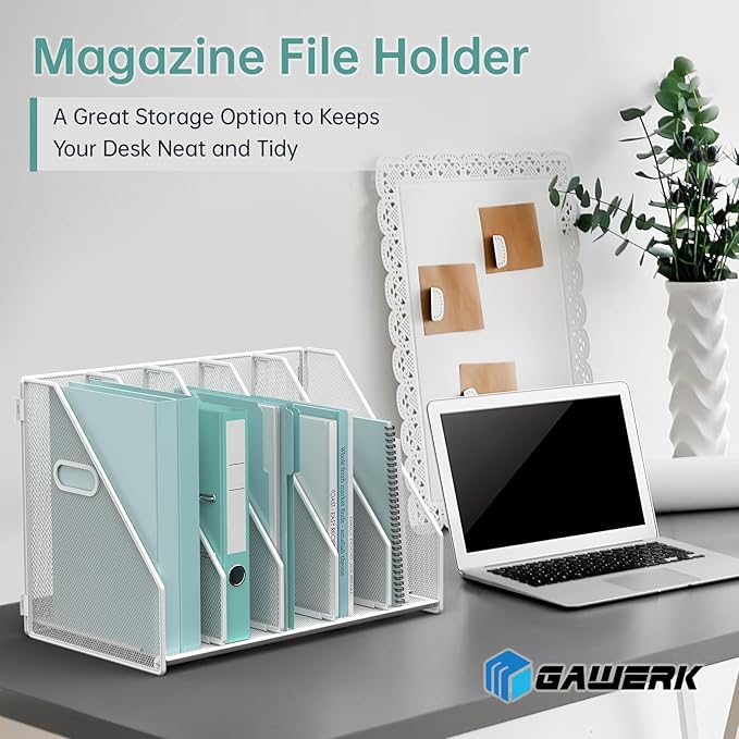 MINDEPOT Desk File Organizer Metal Desk Magazine Folder Holder with 5 Vertical Compartments Rack File Organizer for Office, Home, School (White)