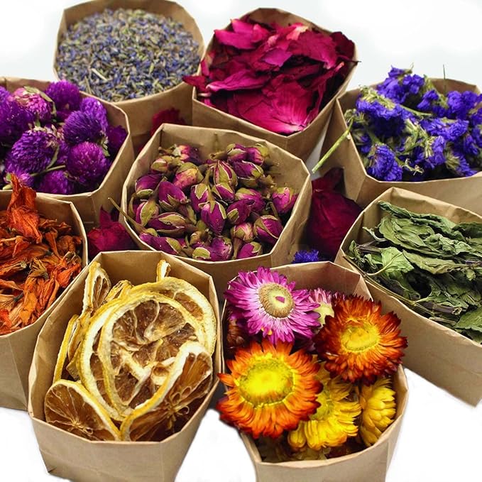 9 Bags Set Dried Flowers - Candle Making Soap Making DIY Candel Natural Flowers-,Lily,Don't Forget Me,Lavender,Mint Leaf,Rose Petal, Red Rose,Globe Amaranth,Chrysanthemum.