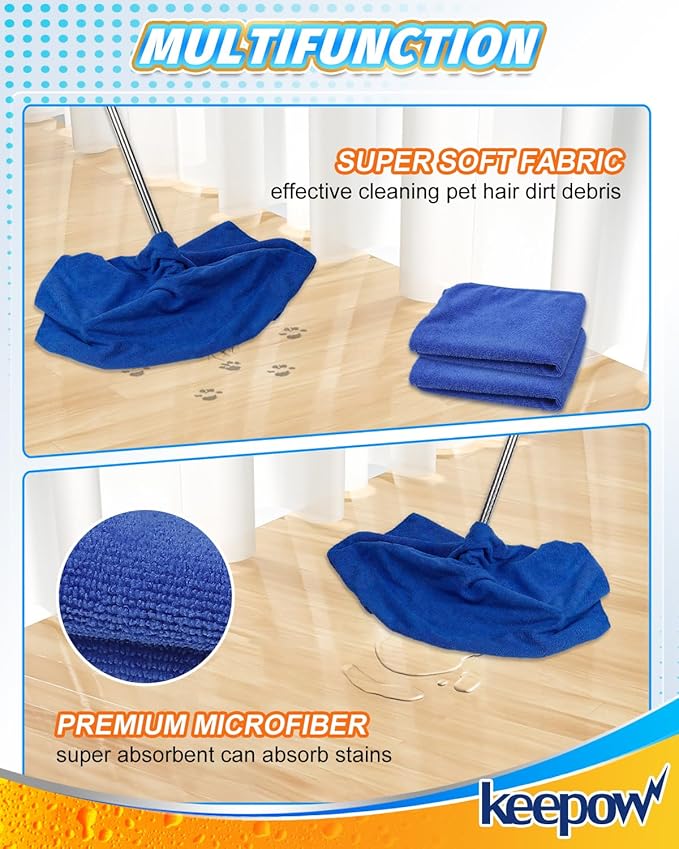 KEEPOW 10PCS Microfiber Cleaning Cloths Extra Large 30" x 20", Multi-Purpose Color Rags, Washable Reusable Streak Free Lint Free Towels for Floor Mop (White & Blue & Green & Black & Grey)
