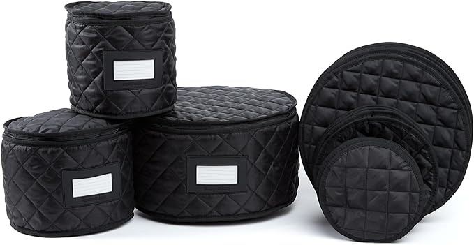 Covermates Keepsakes Dish Storage Set – Padded China & Dinnerware Storage Cases with Dividers, Cup & Stemware Storage, Quilted Polyester Protection, ID Window, Black