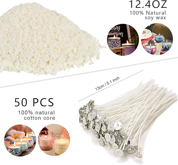 Candle Making Kit Supplies,DIY Craft Tools Including Candle Make Pouring Pot, Sticker, 3-Hole Wicks Holder, Natural Soy Wax and Spoon