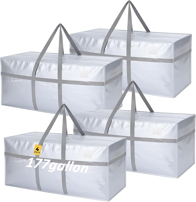 Windyun 4 Pack 177 Gallon Extra Large Moving Bags XXL Heavy Duty Storage Bag with Strong Zipper Handle Jumbo Big Tote Box Foldable for College Dorm Travel Clothes Duffle Blanket Pillow(Silver)