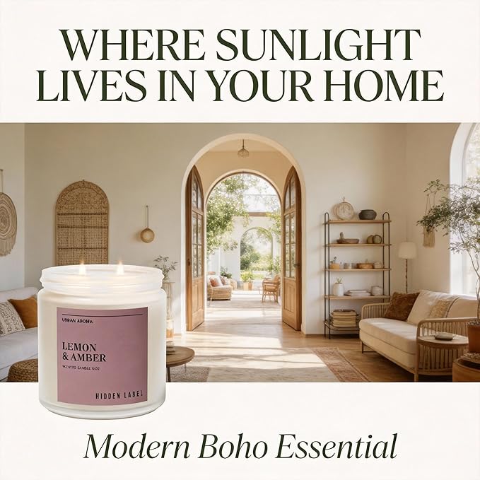 Hidden Label Lemon & Amber Scented Candle | 12oz Natural Soy Candle | Warm Citrus & Golden Amber | 70-Hour Clean Burn | Modern Boho Home Décor | Cozy Hygge Gift for Women, Housewarming
