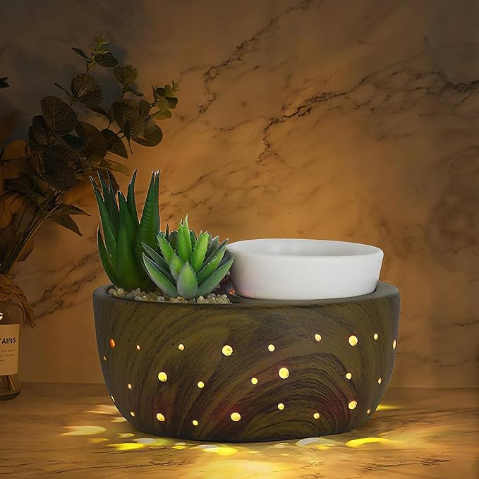 Ceramic Wax Melt Warmer with Japanese Design, 4-in-1 Electric Wax Warmer with PTC Heating Plate and 7-Color LED Lights, Succulent Bowl for Wax Melting, Oil Diffusion, Home Office Spa Decor