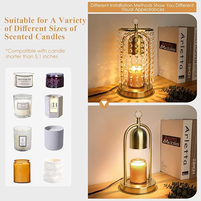 Gold Candle Warmer Lamp with Timer and Dimmer - Electric Candle Warmer,Crystal Candle Lamp for Bedroom Decor,Flameless Scented Candle Light Warmer,House Warming Gift New Home for Women