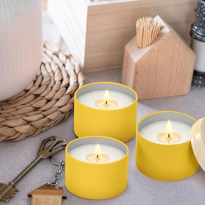 Honeydak 36 Pcs 4oz Yellow Candle Jars Bulk Candle Tins Small Empty Containers with Metal Wood Grain Printing Lids for Making DIY Jars Storage Wedding Gifts