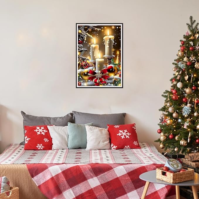 SENQAO Candles Diamond Art Kits for Adult, Christmas Candles Diamond Painting Kits for Beginners, DIY Full Drill Winter Holdiay Rhinestone Diamond Dots Gem Painting Art Craft Home Decor 12 x16 Inch