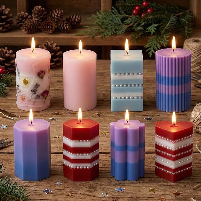 Thinp 8 Pcs Cylinder & Hexagon Candle Silicone Mold, Pillar Candle Mold Reusable Cylinder/Hexagon/Heart/Flower/Square Shapes Resin Molds for Candles Making DIY Crafts (6 Styles)