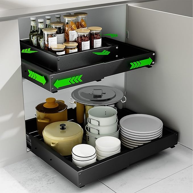 2 Pack Expandable Pull Out Cabinet Organizer, Width (12"-19" ) & Depth (16.5"-22")No Drill Adjustable Cabinet Pull Out Shelves for Kitchen,Pantry, Adhesive Roll Out Shelves for Kitchen Cabinets-Black