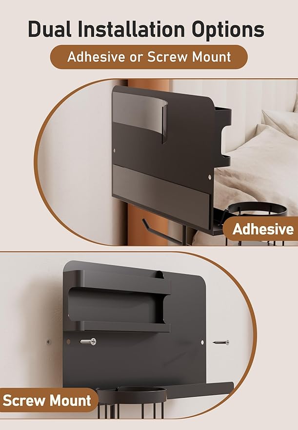 Bedside Wall Organizer Metal Shelf with Cup & Tissue Holder – Waterproof Wall Storage Rack for Dorm Room, Bathroom, Kitchen, and Office (Black)