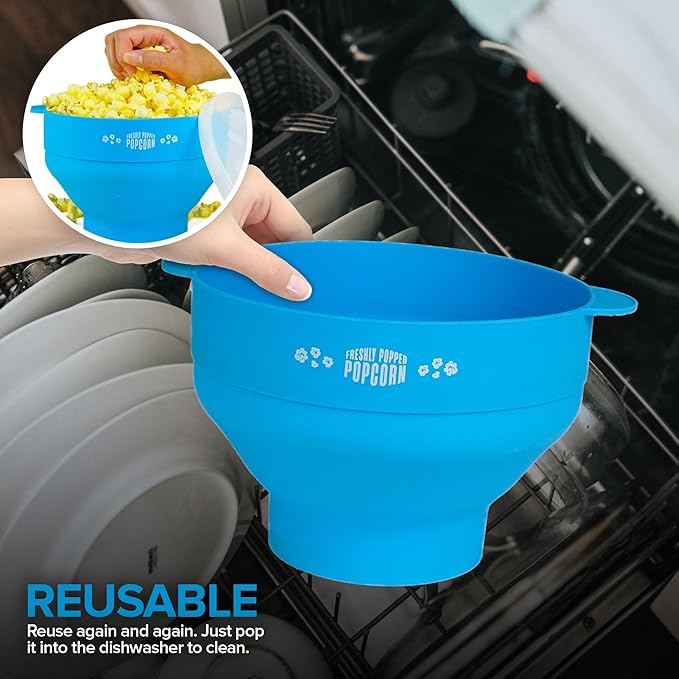 Silicone Microwave Popcorn Popper (Blue) Air Popper Popcorn Maker No Oil Required, Collapsible Pop-Corn bowl with Lid, Reusable, BPA-Free, Dishwasher Safe