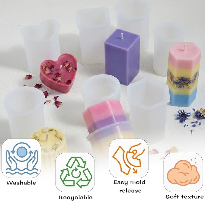 Thinp 8 Pcs Cylinder & Hexagon Candle Silicone Mold, Pillar Candle Mold Reusable Cylinder/Hexagon/Heart/Flower/Square Shapes Resin Molds for Candles Making DIY Crafts (6 Styles)