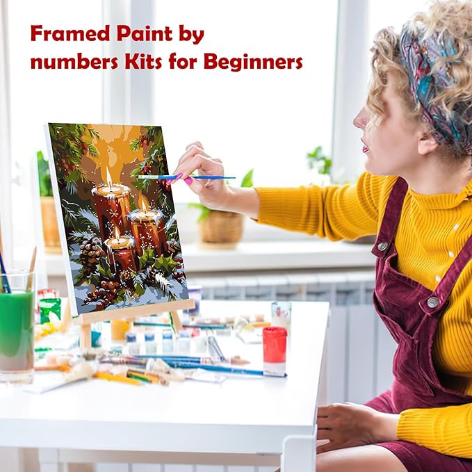 MOGTAA Christmas Paint by Numbers Kit for Adults Beginners with Frame, Christmas Candle Adult Paint by Number Kits on Canvas with Easel, Easy DIY Winter Oil Painting Kits for Home Decor, 8x12in