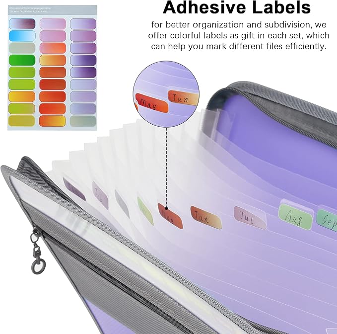 NAFY Accordion File Organizer, 13 Pockets Expanding File Folder with Zipper, A4 Letter Size Portable Accordion Expanding File Folders with 27pcs Multicolor Labels for Office School Supplies (Lavender)