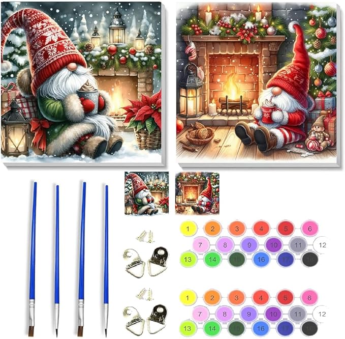 NEGEKFKX 2 Pack Gnome Paint by Numbers Kit for Adults Beginner with Framed,Christmas Easy Adult Paint by Number Kits on Canvas DIY Painting for Beginners Art by Numbers for Home Wall Decor 10x10 Inch