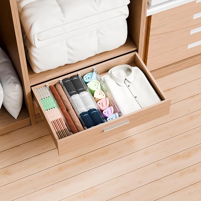 Yieach 8 Pack 3.2 Inch Shallow Acrylic Drawer Dividers for Clothes -Expandable from 15-21''- Adjustable Drawer Dividers for Baby Clothing,Sock,Underwear,Clear in Drawer Separators for Dresser,Kitchen