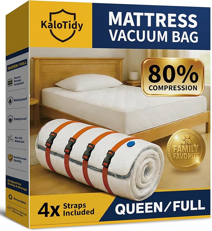 Memory Foam Mattress Vacuum Bag, Heavy-Duty Mattress Storage Bag for Moving and Transport, Mattress Compression Bag with Straps & Dual-Zip Seal (Orange Straps, Queen/Full-XL)
