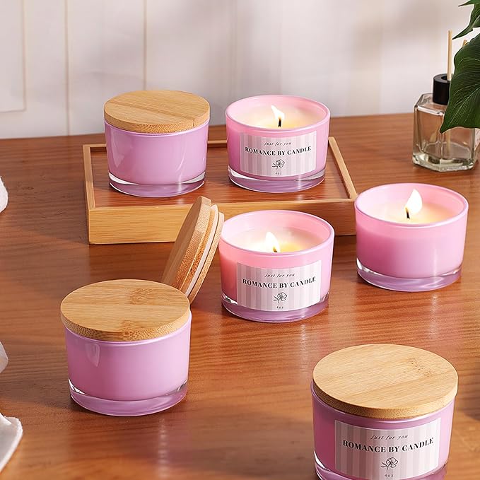 REISEN 12 PCS Purple Candle Jars for Making Candles, 4 OZ Glass Jars with Bamboo Lids and Sticky Warning Labels, Candle Containers for DIY Gifts, Candle Making Supplies
