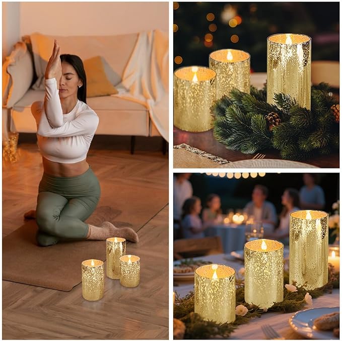 Rechargeable Flameless Candle, Flickering LED Pillar Glass Fake Candle with Remote and Timer, Built-in Battery Real Wax Electronic Candle for Room Decoration, Set of 3