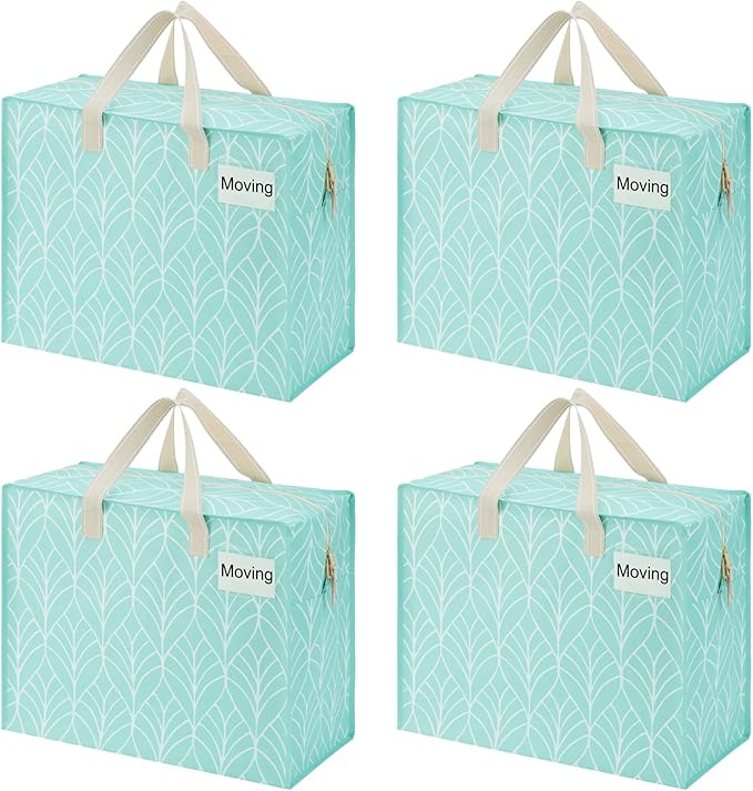 VENO 4 Pack Heavy Duty Moving Bags, Storage Bags, Packing Supplies, Top Zipper, Storage Totes for Camping, Clothes, Bedding, Comforters, Pillows (13 Gallon,Evergreen, 4 Pack)