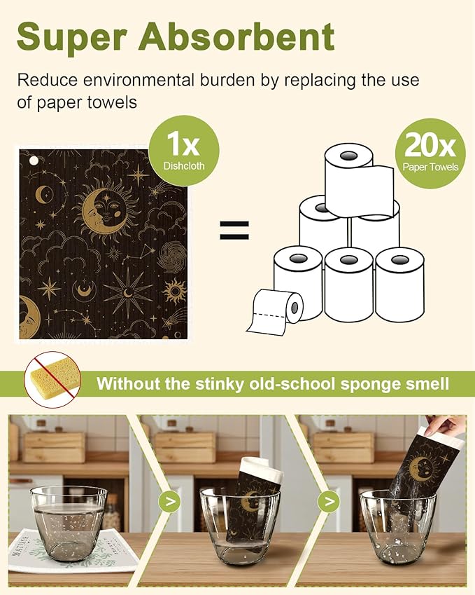 Miss Adola 8 Pack Swedish Kitchen Dishcloths - Absorbent Reusable Dish Towels, Fast Drying, Moon Sun