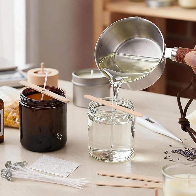Wooden Handle Wax Melting Pot for Candle Making, Stainless Steel Pouring Pitcher with Spout, Heat-Resistant Handle for Melting Soy Wax, Beeswax, Ideal Candle Making Supplies for Beginners & Pros