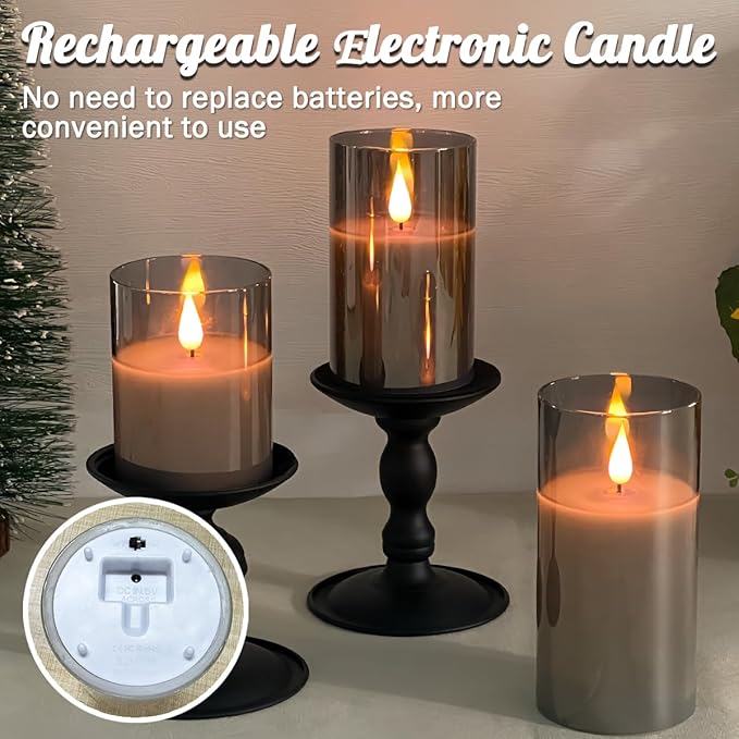 Rechargeable Flameless Candle, Flashing LED Pillar Real Wax Candle with Remote Control and Timer, Upgraded Teardrop Wick, Gray Electronic Candle, 1 Set of 3