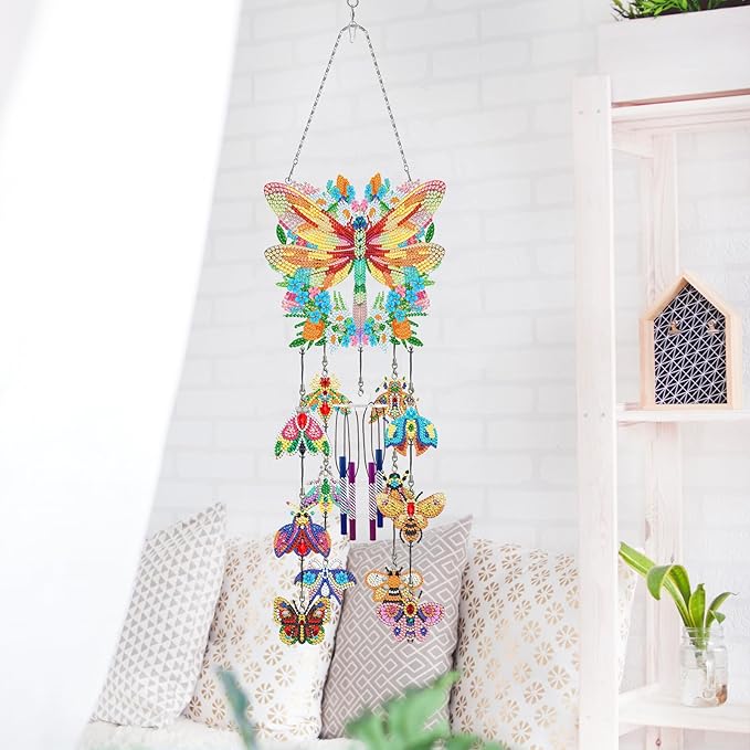 Dragonfly Diamond Art Painting Wind Chimes DIY Kits Bee 5D Diamond Art Wind Chime Hanging Ornament Set Double Sided Special Shaped Beads by Number Mosaic Wind Chime Pendant for Yard Tree Home Decor