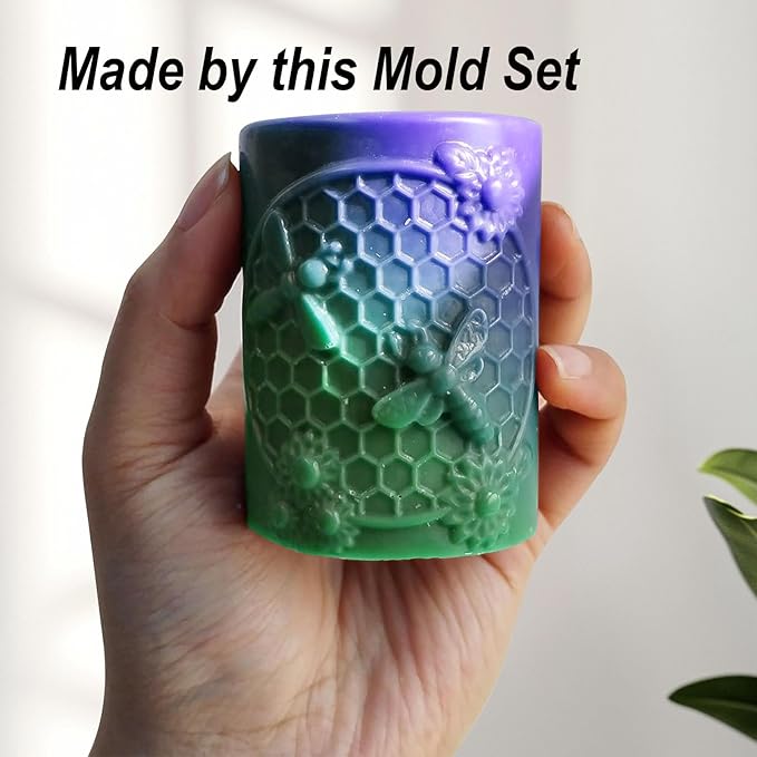 Honeycomb Bee Candle Silicone Molds 2PCS with Flowers Design, White Resin Cylindrical Mould Set, Soap Wax Beeswax Epoxy Casting Clay Mold-Kit, 2 Pack
