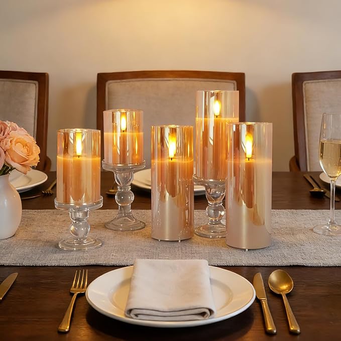 Rechargeable Flameless Candles, Realistic Flickering LED Flameless Candles Real Wax Candle with Remote Control and Timer, Gold Glass Electronic Candle, 1 Set of 5（Gold）