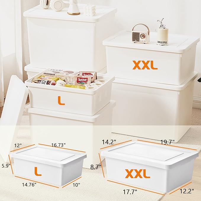 6gal+3gal high-end White multifunction storage box with lid, Set of 4 Stackable Plastic Boxes with Handles, Suitable for Garage and Home Storage, Waterproof and Moisture-Proof （2XXL+2L