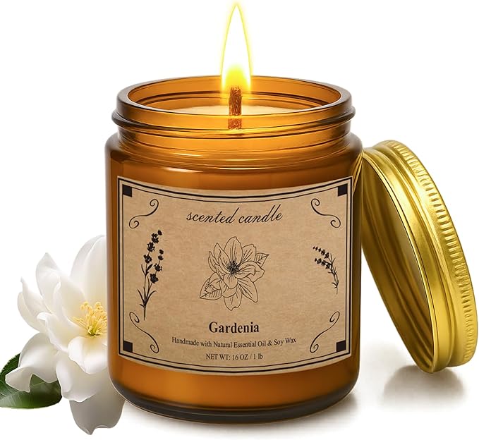 Scented Candles for Home, 16oz Soy Wax Candle, 100 Hour Burn Time, Gardenia Scented Candle for Men & Women, Highly Scented, Amber Glass Jar Candle as a Ideal Gift