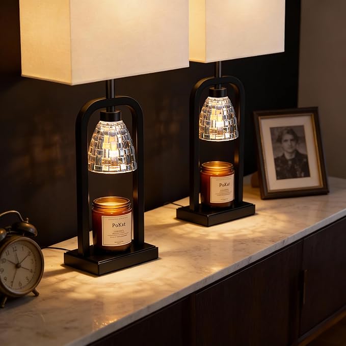 PoKat Lamp Candle Warmer Black, Farmhouse Candle Warmer Lamp with Timer Dimmer, Wax Light Warming Table Lamp for Jar Candles, Bedside Lamp for House Warming Home Decor Living Room, Bulb Included