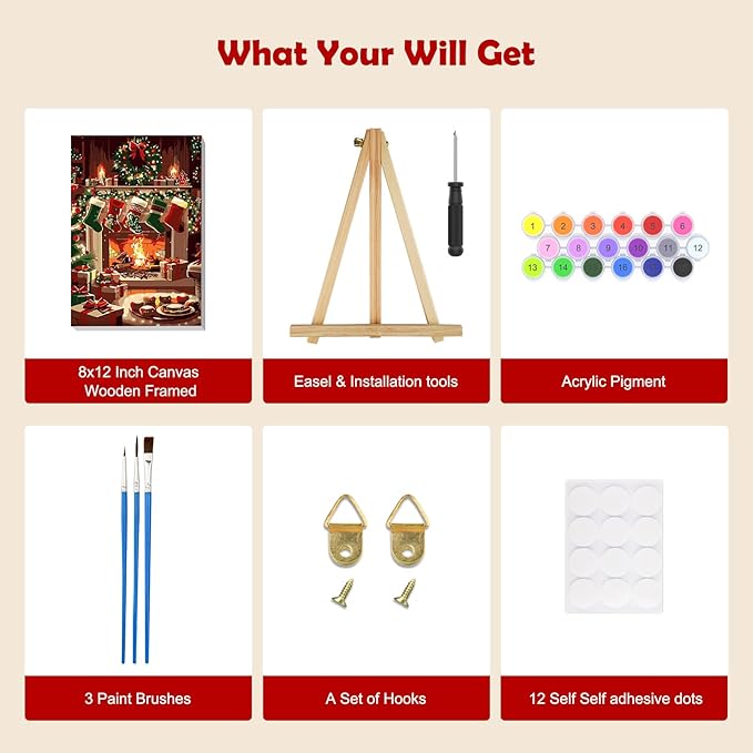 MOGTAA Christmas Paint by Numbers Kit for Adults Beginners with Frame, Christmas Socks Adult Paint by Number Kits on Canvas with Easel, Easy DIY Oil Painting Kits for Home Decor, 8x12in